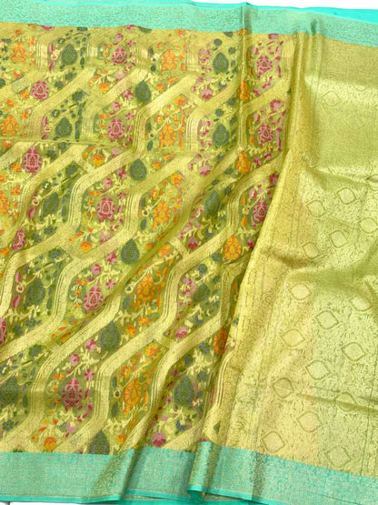 Pista Green Pure Kora Mulberry Silk Ektara Weave Jamdani Handloom Banarasi Saree