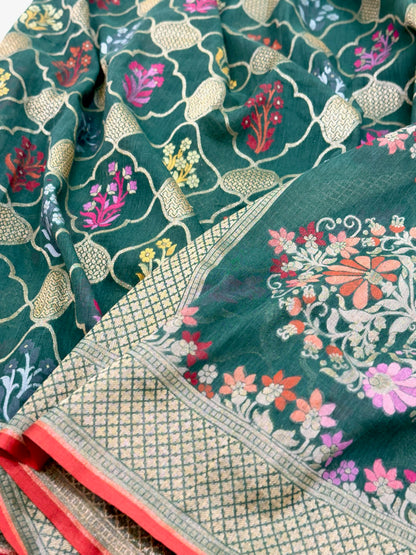 Emerald Green Pure Muslin Cotton Jamdani Ektara Weave Handloom Banarasi Saree
