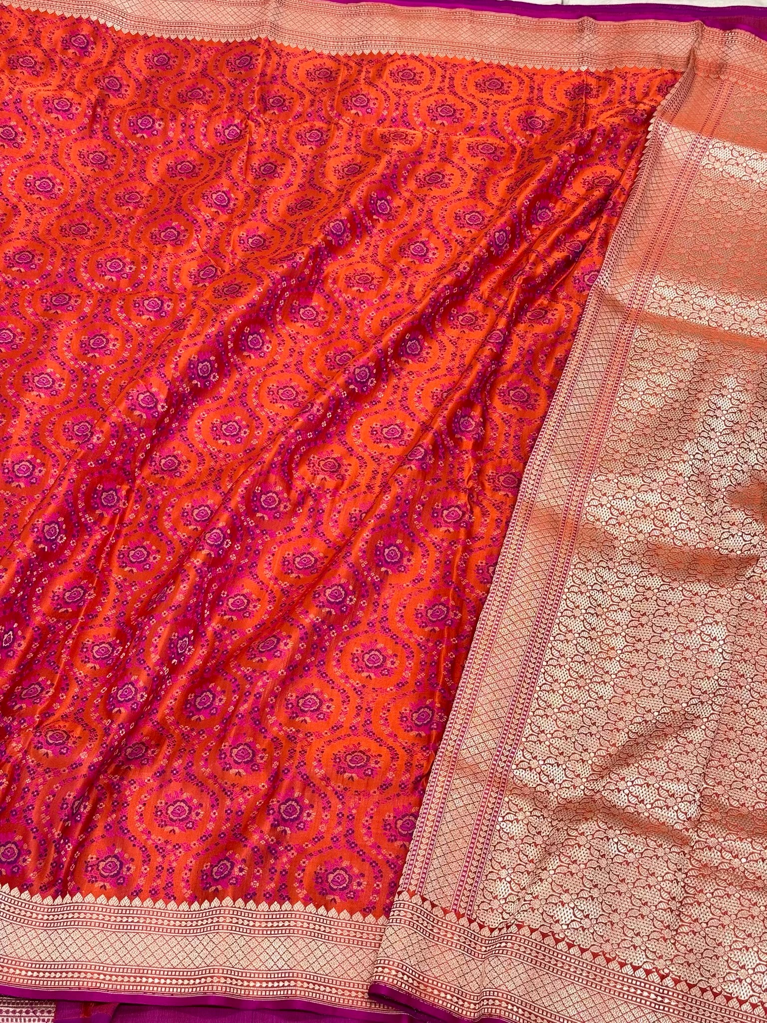 Rustic Orange Pure Satin Silk Handwoven | Kadhwa Weave | Banarasi Saree - Tanchoi