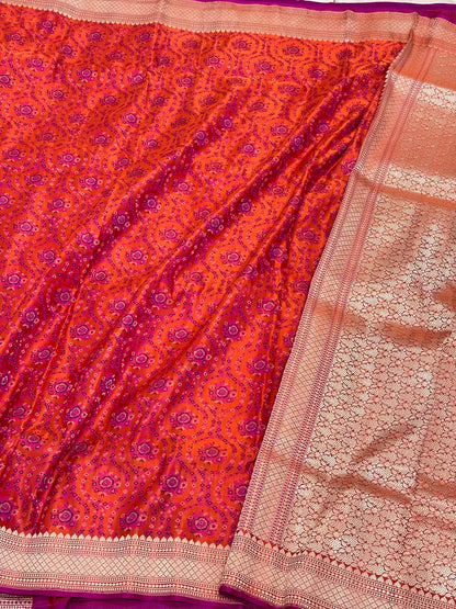 Rustic Orange Pure Satin Silk Handwoven | Kadhwa Weave | Banarasi Saree - Tanchoi
