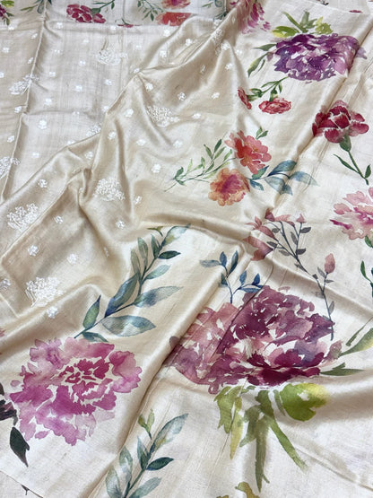 Ivory Pure Tussar Silk Handloom Printed with Embroidery Banarasi Saree