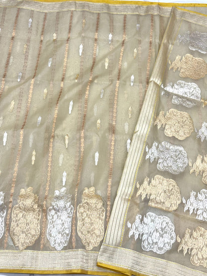 Beige Pure Kora & Mulberry Silk Handwoven Banarasi Saree - Traditional Kadhwa Ektara Technique