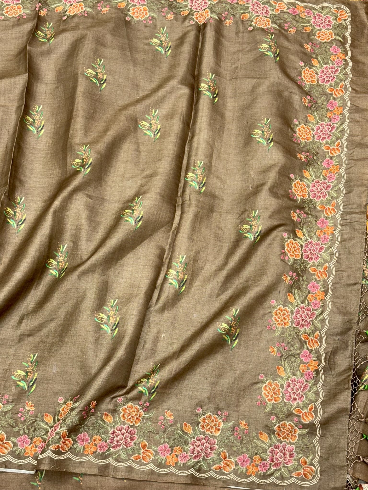 Chiku Brown Pure Tussar Silk Handloom Printed with Embroidery Banarasi Saree - Soft Lightweight Banarasi Saree