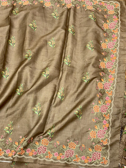 Chiku Brown Pure Tussar Silk Handloom Printed with Embroidery Banarasi Saree - Soft Lightweight Banarasi Saree