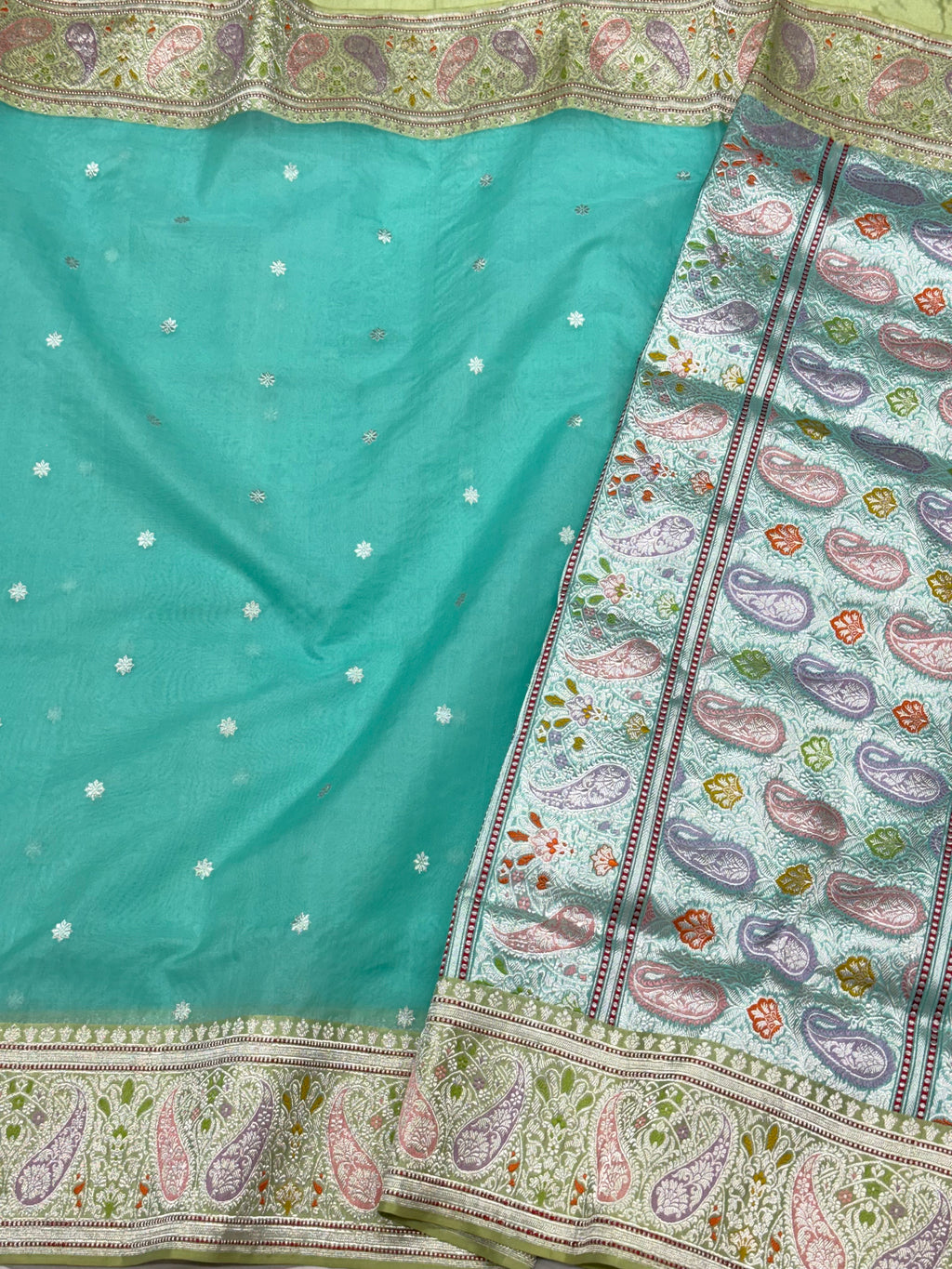 Aqua Green Pure Mulberry Kora Silk Handwoven Banarasi Saree