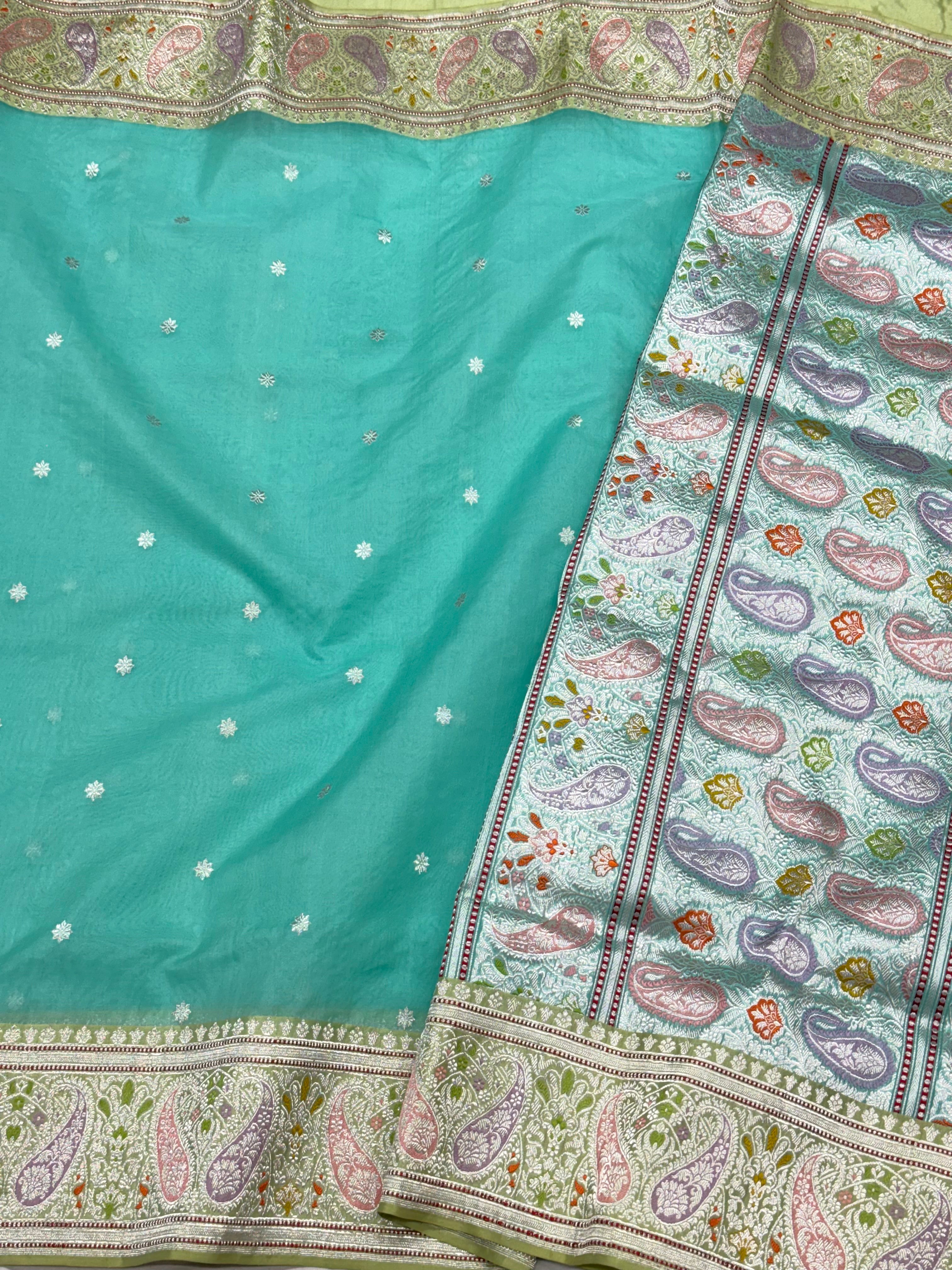 Aqua Green Pure Mulberry Kora Silk Handwoven Banarasi Saree