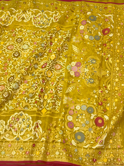 Lemon Gold Yellow Pure Kora Mulberry Silk Handloom | Ektara Jamdani Weave | Contemporary Banarasi Saree - The Regal Edit