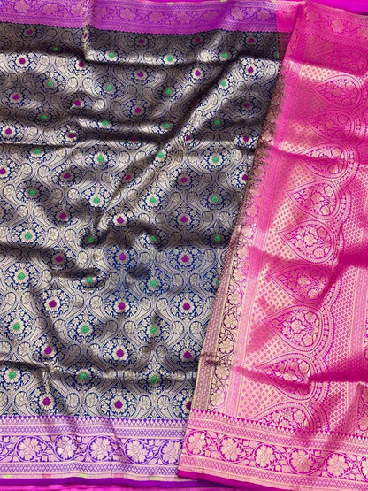 Blue Pure Katan Silk & Pure Mulberry Silk Handloom Banarasi Brocade Saree