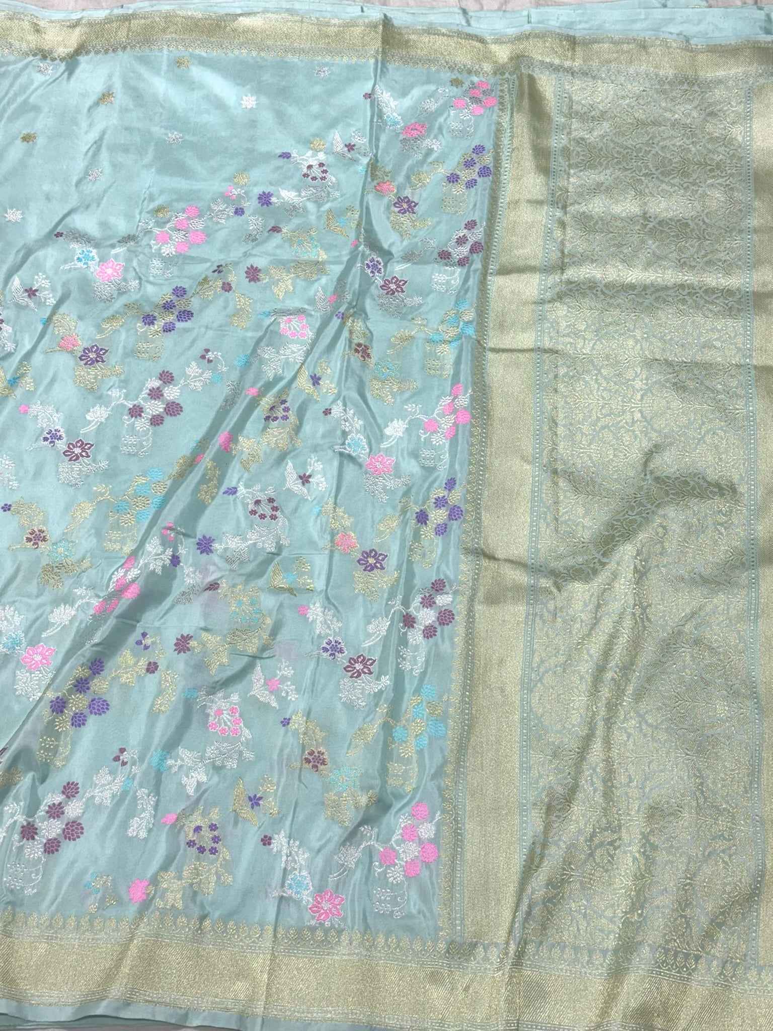 Pastel Blue Pure Mulberry Katan Silk | Kadhwa Technique | Handwoven Contemporary Banarasi Saree - New Era Of Saree Glamour