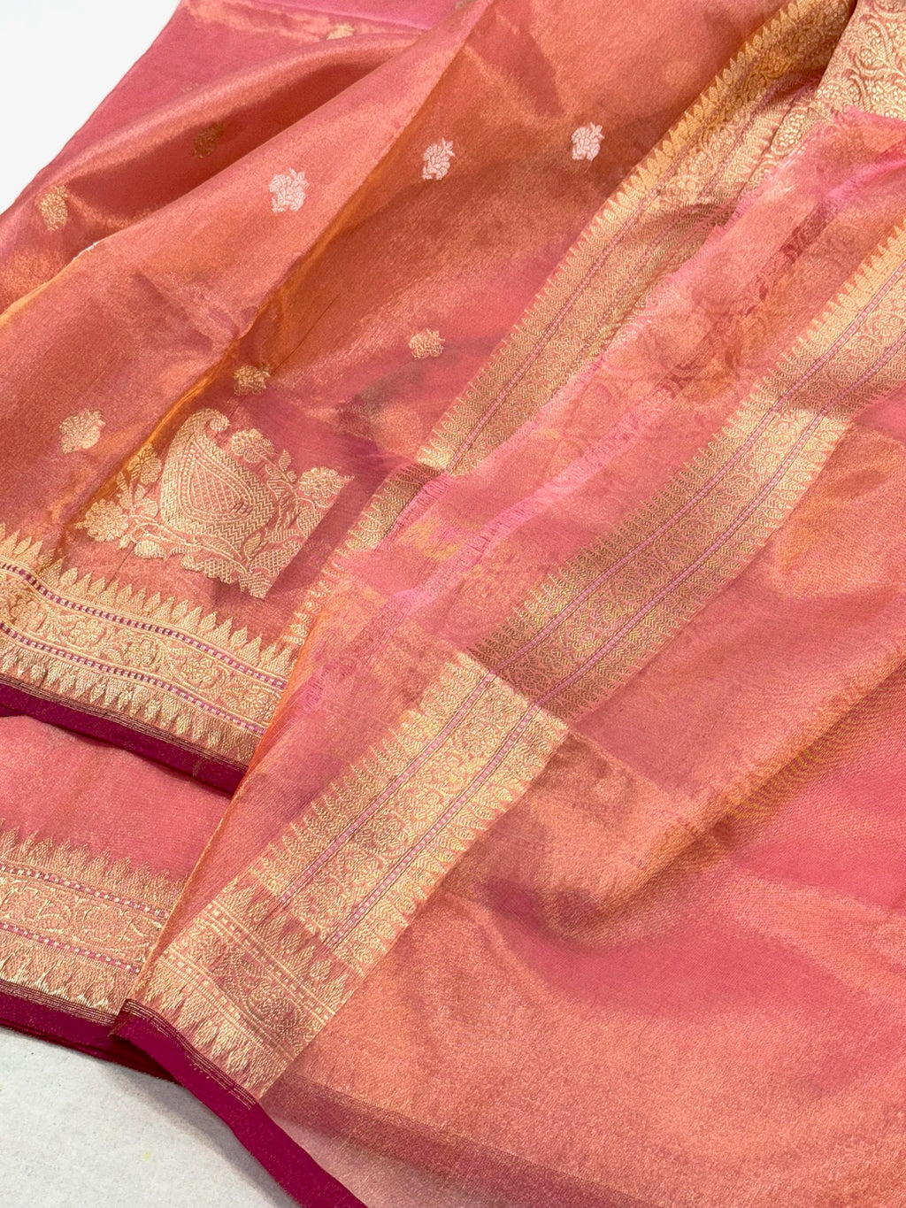 Peach Pink Kora Tissue Pure Handwoven Saree