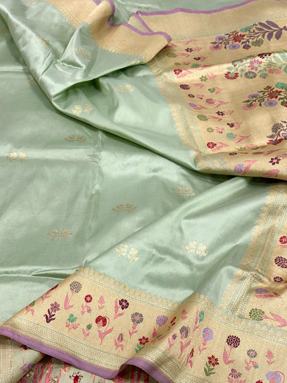 Pastel Green Pure Mulberry Katan Silk Handwoven Banarasi Saree