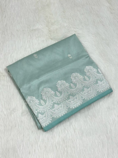 Light Teal Green Pure Katan Silk Kadhua weave Handwoven Banarasi Saree