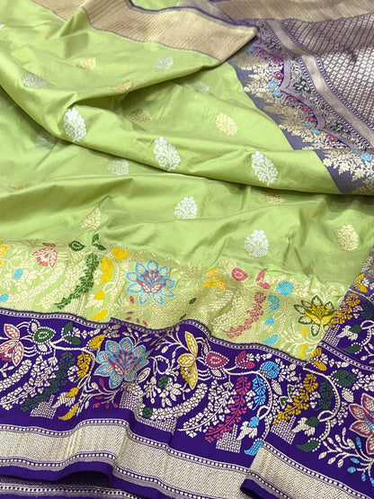 Pista Green Pure Mulberry Katan Silk | Kadhwa + Kadhiyal Weave | Handwoven Modern Banarasi Saree