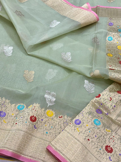 Sage Green Authentic Banarasi Saree - Pure Kora Mulberry Silk | Kadhwa Technique | Handwoven Banarasi Saree
