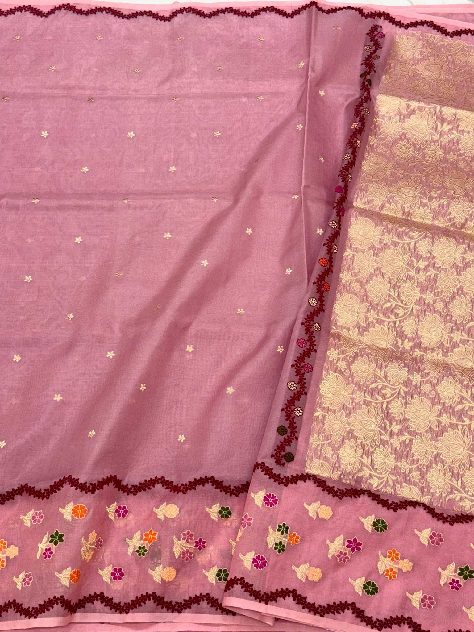 Onion Pink Pure Kora Silk & Mulberry Silk Handwoven Modern Banarasi Saree