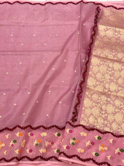 Onion Pink Pure Kora Silk & Mulberry Silk Handwoven Modern Banarasi Saree