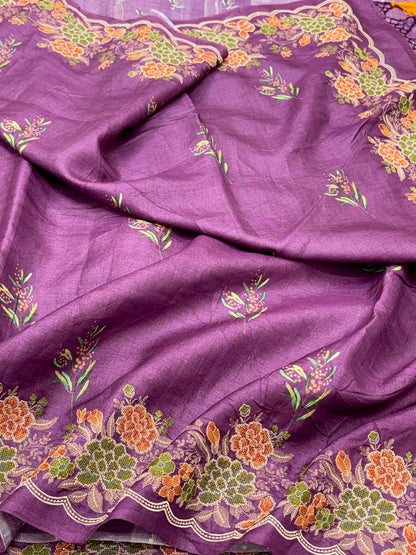 Magenta Pure Tussar Silk Handloom Printed with Embroidery Banarasi Saree - Soft Lightweight Banarasi Saree