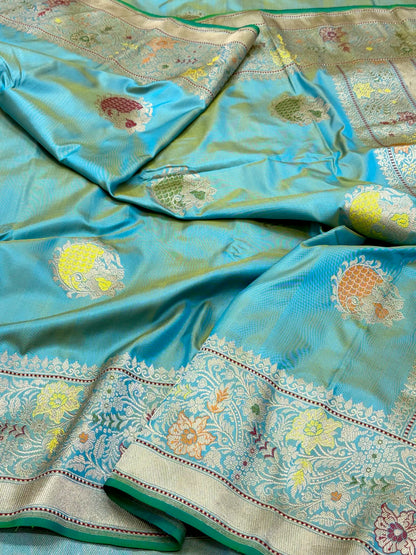 Aqua Blue/Dual Tone Pure Mulberry Katan Silk | Kadhwa Ektara Weave | Handwoven Banarasi Saree - Six Yards of Pure Elegance