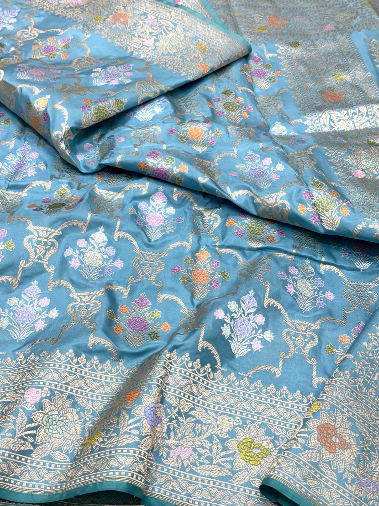 Sky Blue Pure Mulberry Double Katan Silk | Kadhwa Weave | Handwoven Premium Modern Banarasi Saree - Persian Jaal