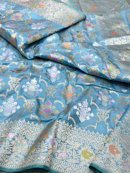 Sky Blue Pure Mulberry Double Katan Silk | Kadhwa Weave | Handwoven Premium Modern Banarasi Saree - Persian Jaal