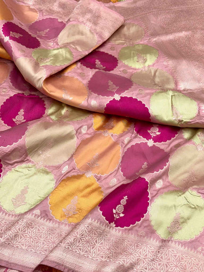 Rose Gold Pure Mulberry Katan Silk Handloom Banarasi Rangkaat Saree