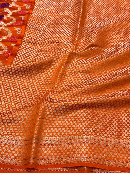 Orange Pure Mulberry Chiniya Silk Meenakari  Banarasi Saree- Lightweight
