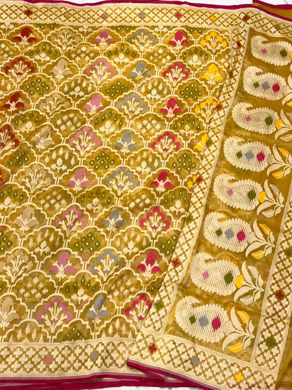 Mustard Yellow Pure Muslin Cotton Tissue Ektara Jamdani Handloom Banarasi Saree
