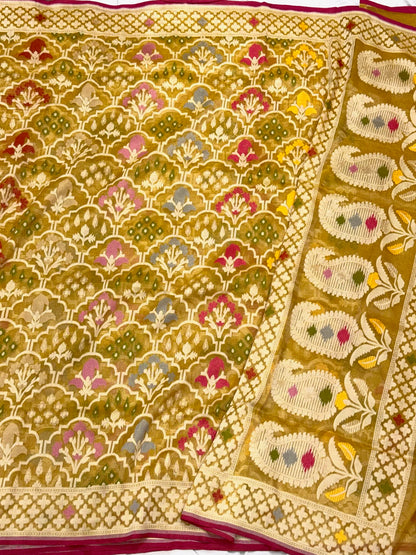 Mustard Yellow Pure Muslin Cotton Tissue Ektara Jamdani Handloom Banarasi Saree