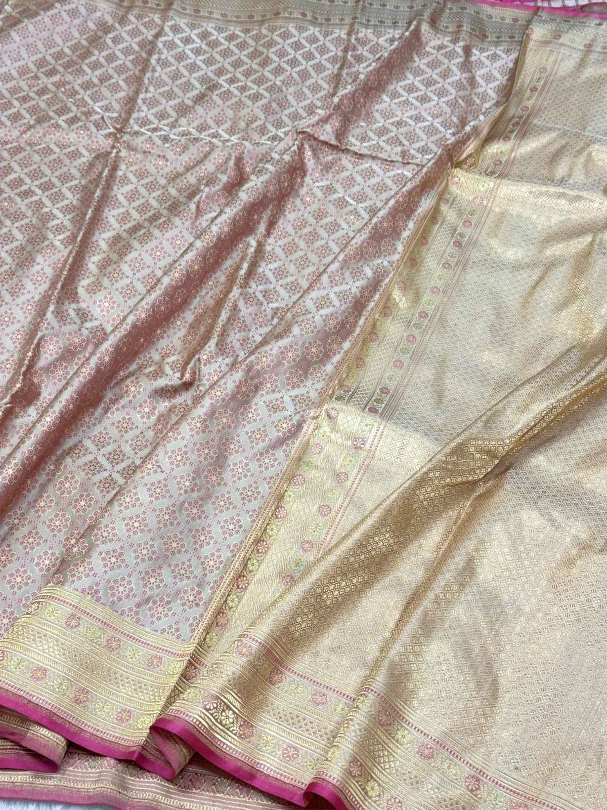 Beige Pure Satin Silk Handwoven Soft Drape Banarasi Saree