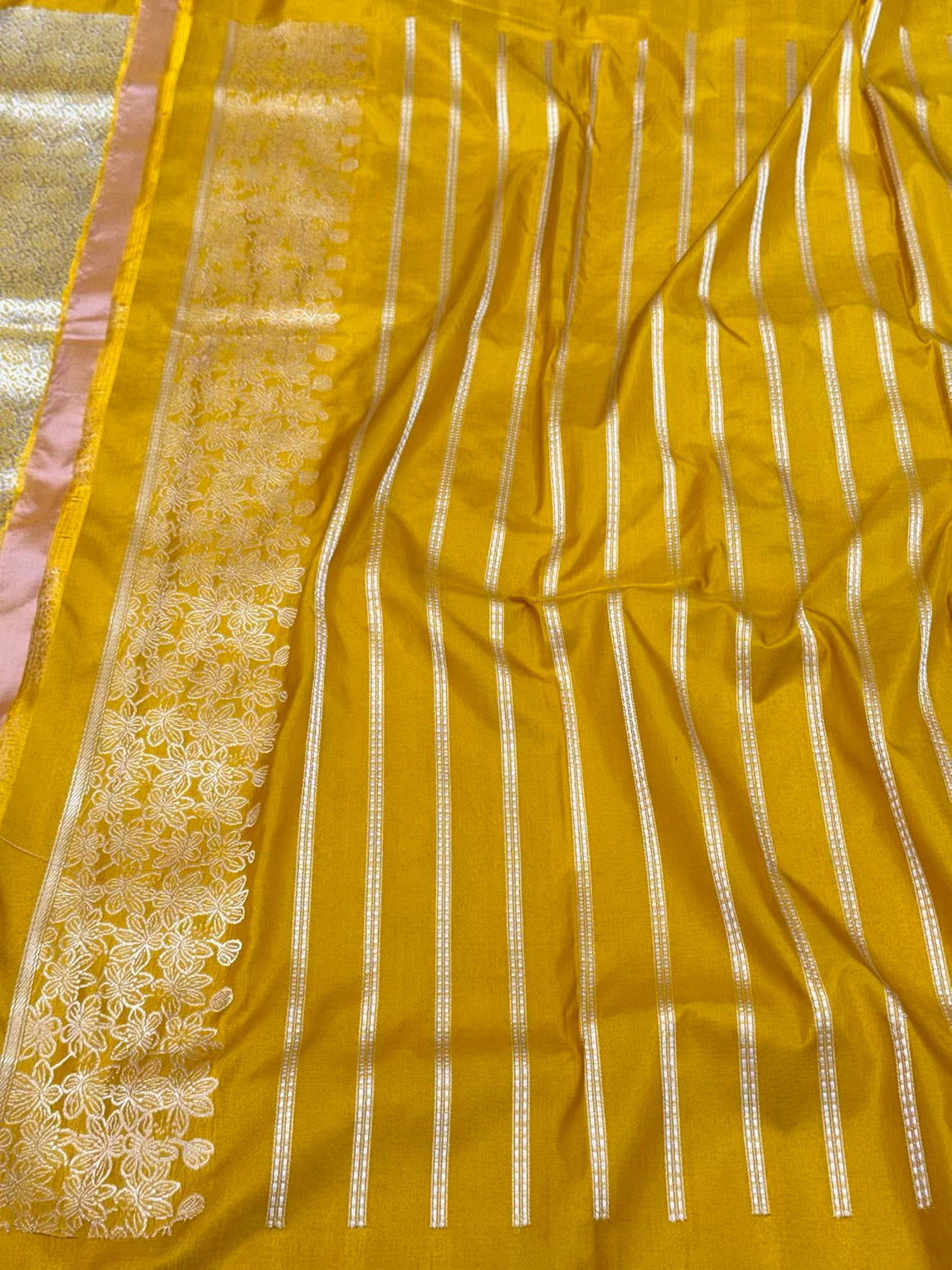 Mustard Yellow Pure Katan Silk Saree - Pure Mulberry Silk Handwoven Banarasi Brocade Saree