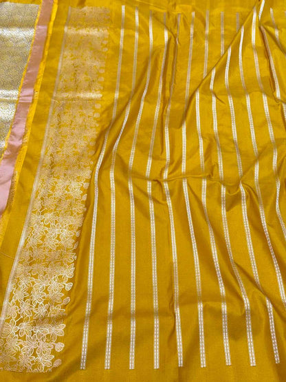 Mustard Yellow Pure Katan Silk Saree - Pure Mulberry Silk Handwoven Banarasi Brocade Saree