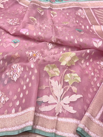 Powder Pink Pure Mulberry Kora ( Organza ) Silk Ektara Jamdani Handloom Contemporary Banarasi Lightweight Saree