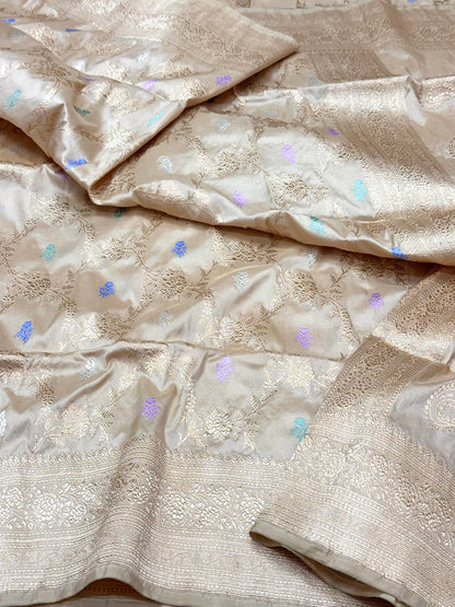 Beige Pure Katan Mulberry Silk Handwoven | Kadhwa Weave | Timeless Banarasi Saree