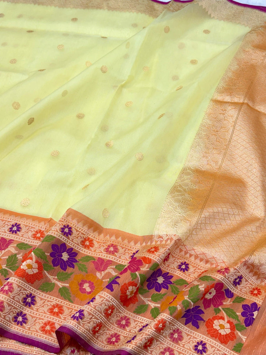 Pastel Yellow Ektara Weave Pure Kora Silk Handwoven Banarasi Saree