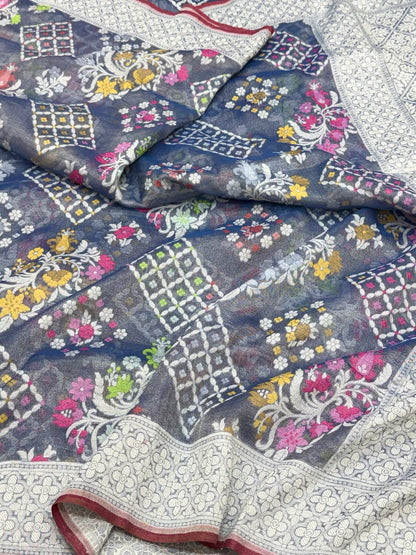 Blue Pure Muslin Cotton Tissue Ektara Jamdani Handloom Contemporary Banarasi Saree - Modern Banarasi Muse