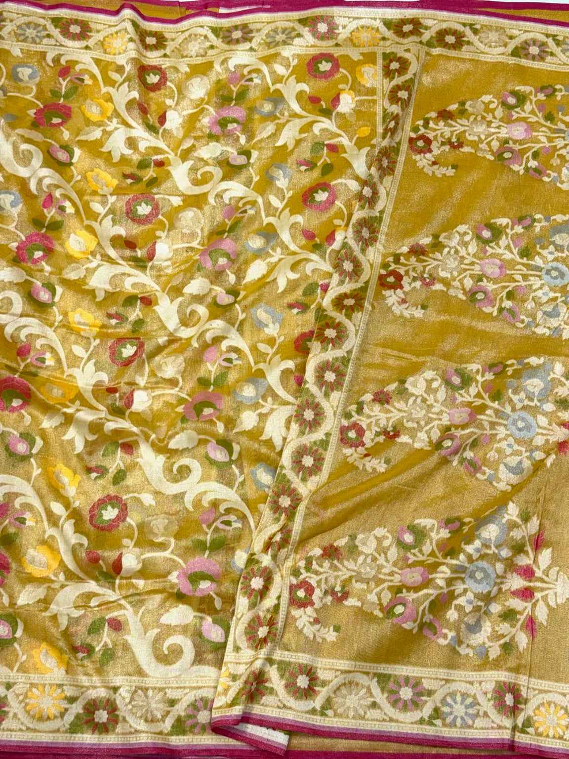 Mustard Yellow Pure Muslin Cotton Tissue Silk Jamdani Handloom Exclusive Banarasi Lightweight Saree