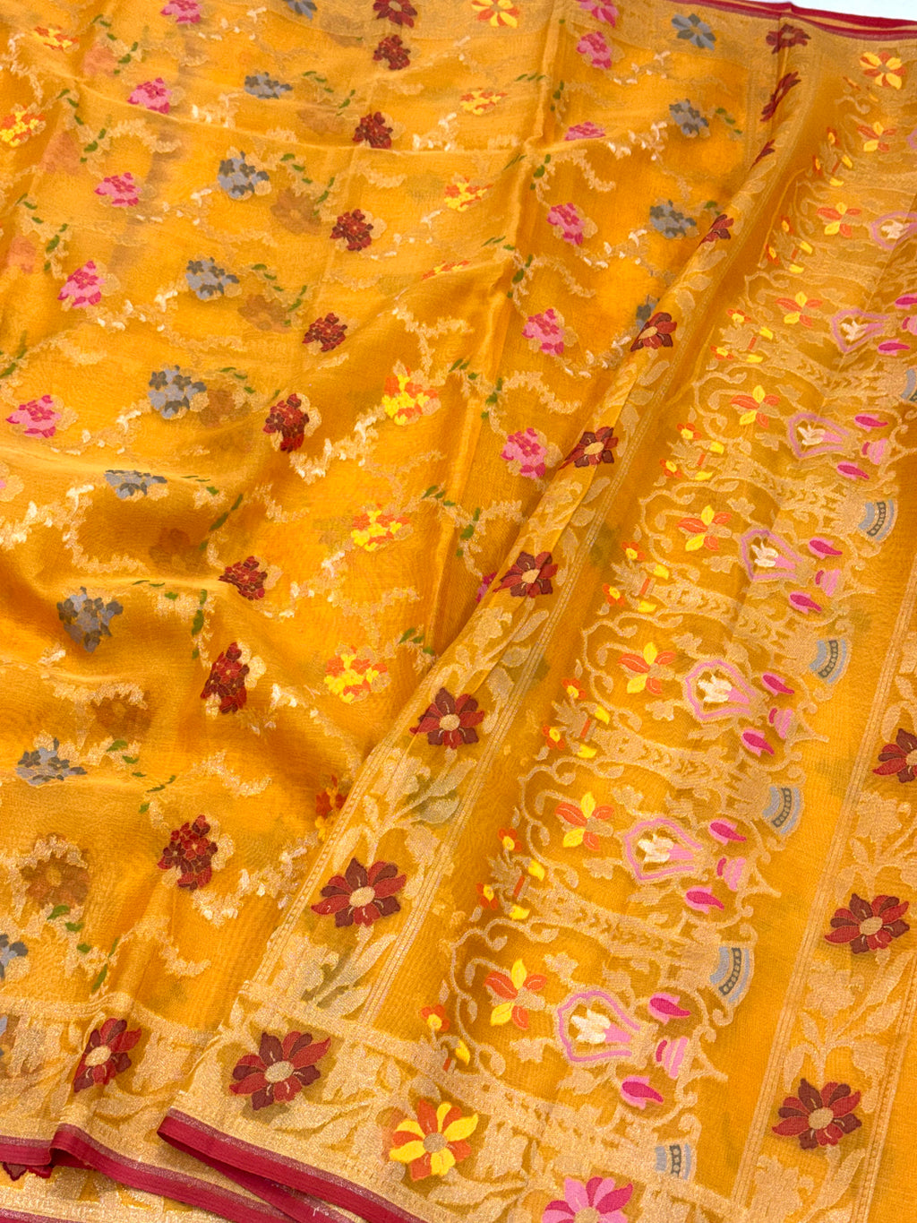 Orange Pure Kora Organza Silk Jamdani Handwoven Banarasi Saree
