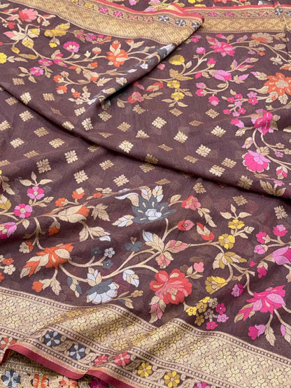 Wine Pure Muslin Cotton Jamdani Handloom Banarasi Saree -Ektara Technique