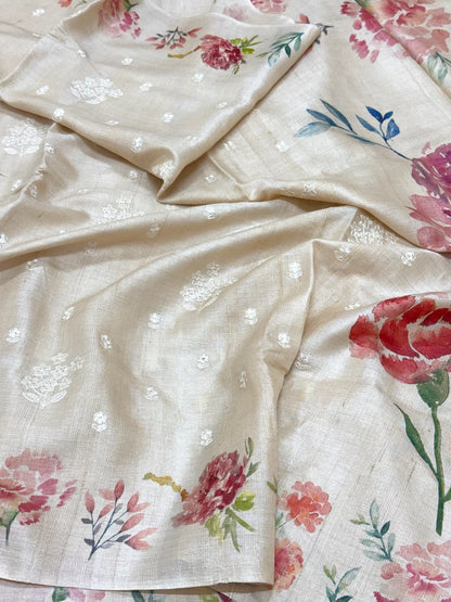 Ivory Pure Tussar Silk Handloom Printed with Embroidery Banarasi Saree - Heritage In A New Light
