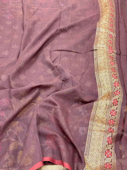 Wine Pure Muslin Cotton Jamdani Handloom Banarasi Saree -Ektara Technique