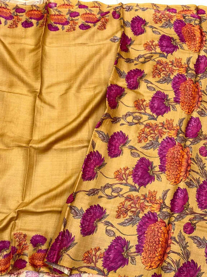 Mustard Yellow Pure Tussar Silk Handloom Printed Banarasi Saree - Soft Lightweight Banarasi Saree