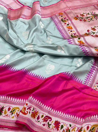 Powder Blue Exclusive Modern Banarasi Saree - Pure Mulberry Katan Silk | Kadhwa Ektara Weave Handwoven Saree