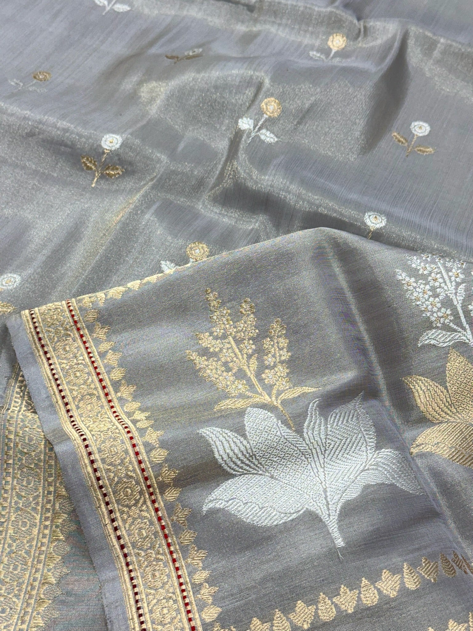 Gray Ektara Weave Katan Tissue Handwoven Banarasi Silk Saree