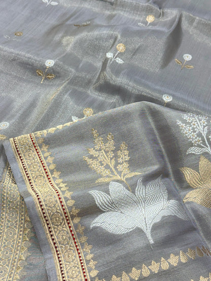 Gray Pure Katan Tissue Silk Handwoven Banarasi Saree |Ektara Weave|