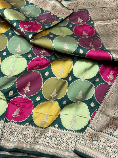 Emerald Green Pure Mulberry Katan Silk Handloom Banarasi Rangkaat Saree