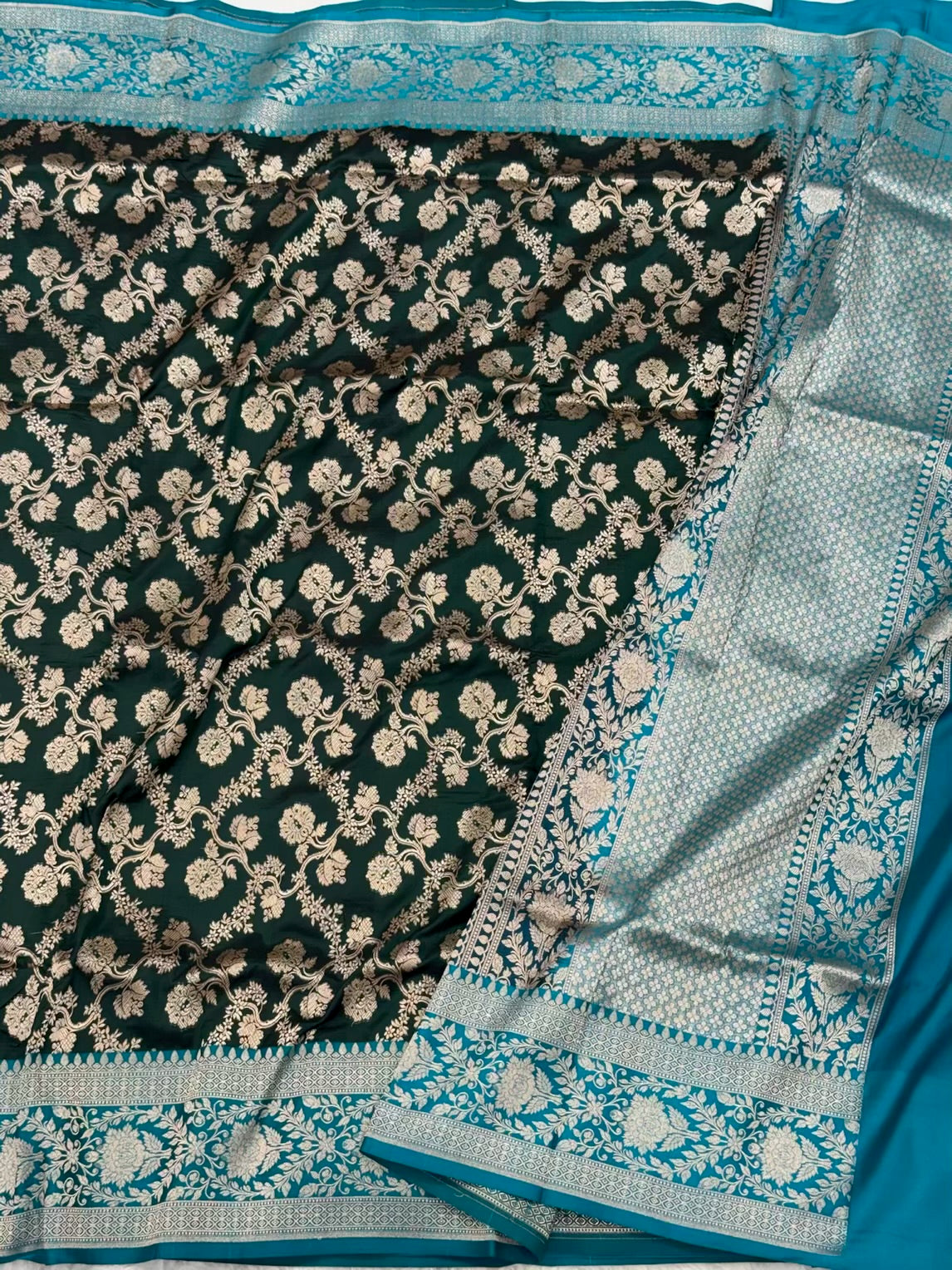 Dark Green/Teal Green Pure Katan Silk Saree - Pure Mulberry Silk Saree Handloom Banarasi Saree