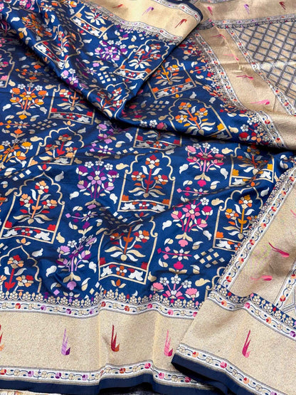 German Blue Pure Katan Silk & Pure Mulberry Silk Handloom Banarasi Saree
