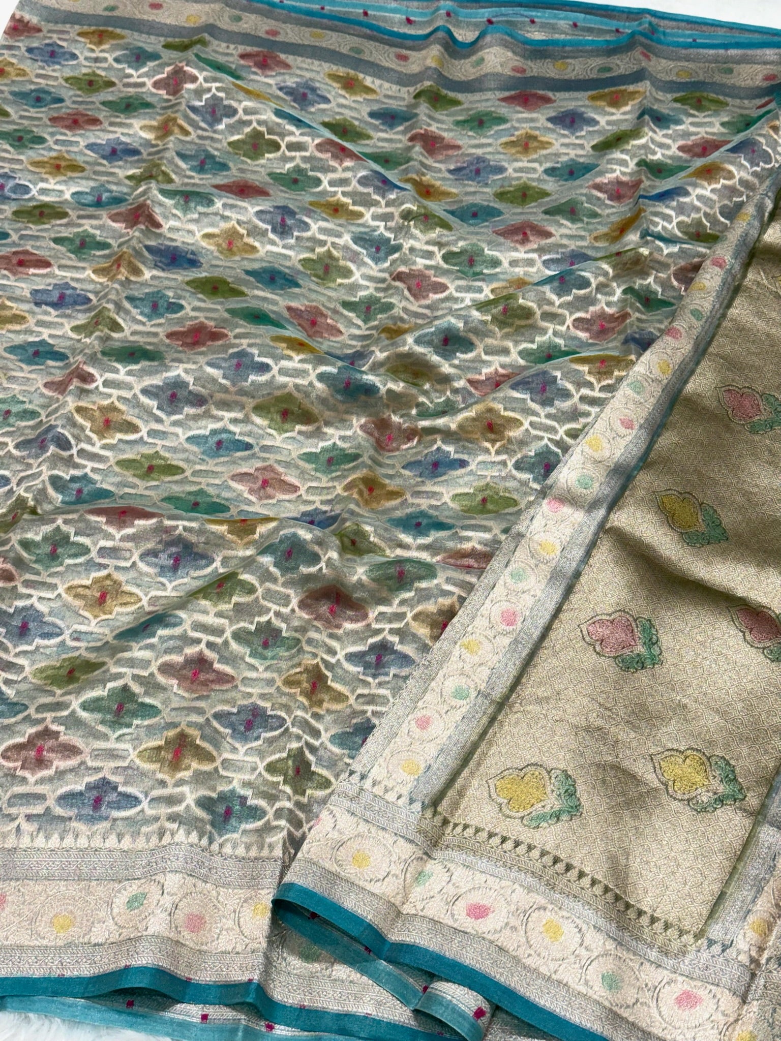 Blue Pure Mulberry Tissue Silk Handloom Banrasi Saree |Ektara Weave|