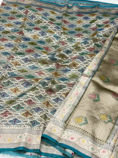 Blue Pure Mulberry Tissue Silk Handloom Banrasi Saree |Ektara Weave|