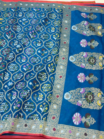German Blue Pure Kora Mulberry Silk | Jamdani + Ektara Technique | Handloom Banarasi Lightweight Saree
